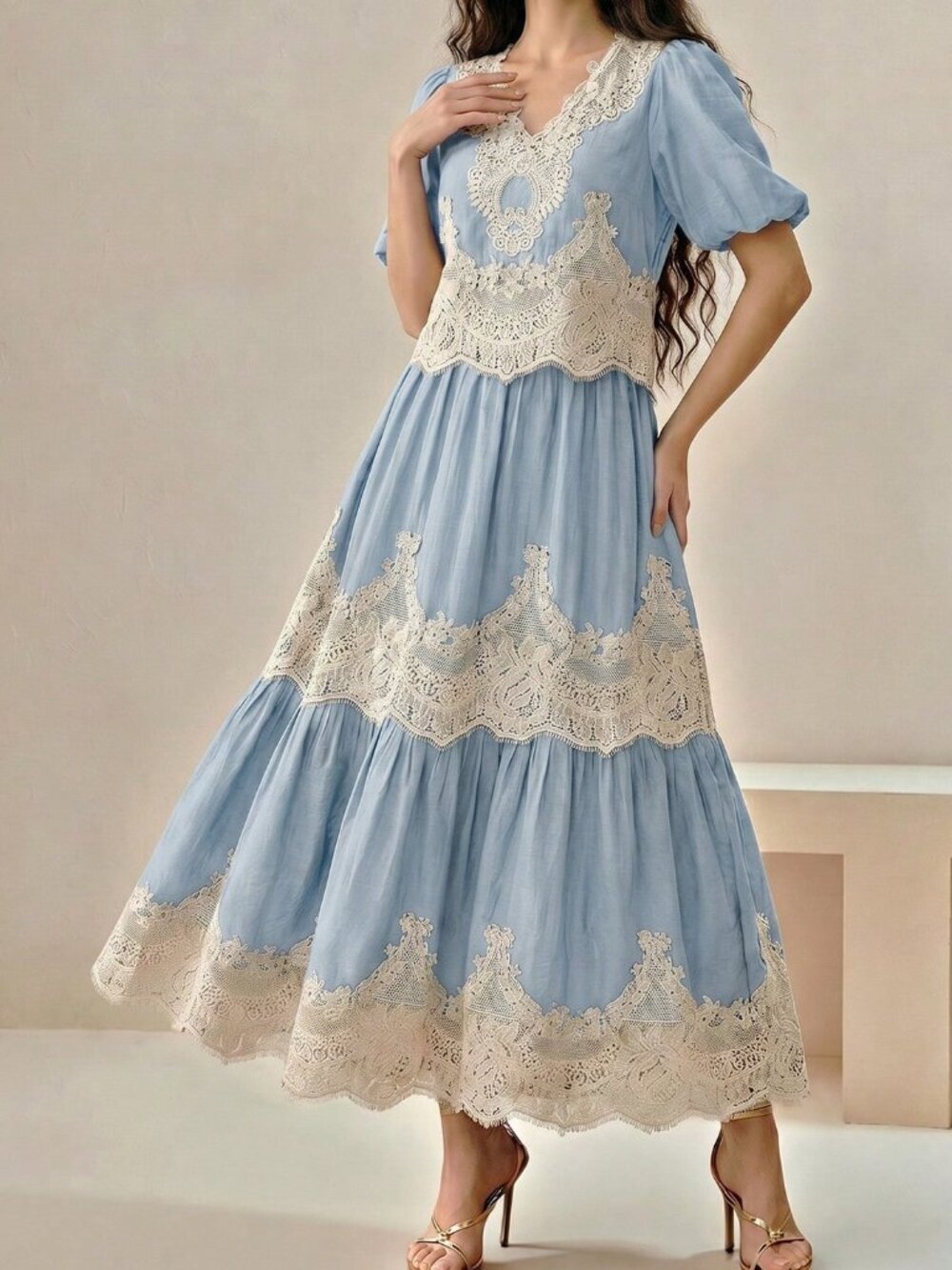Blue Elegant Women's V-Neck Puff Sleeve Lace Patchwork Flared Skirt Set